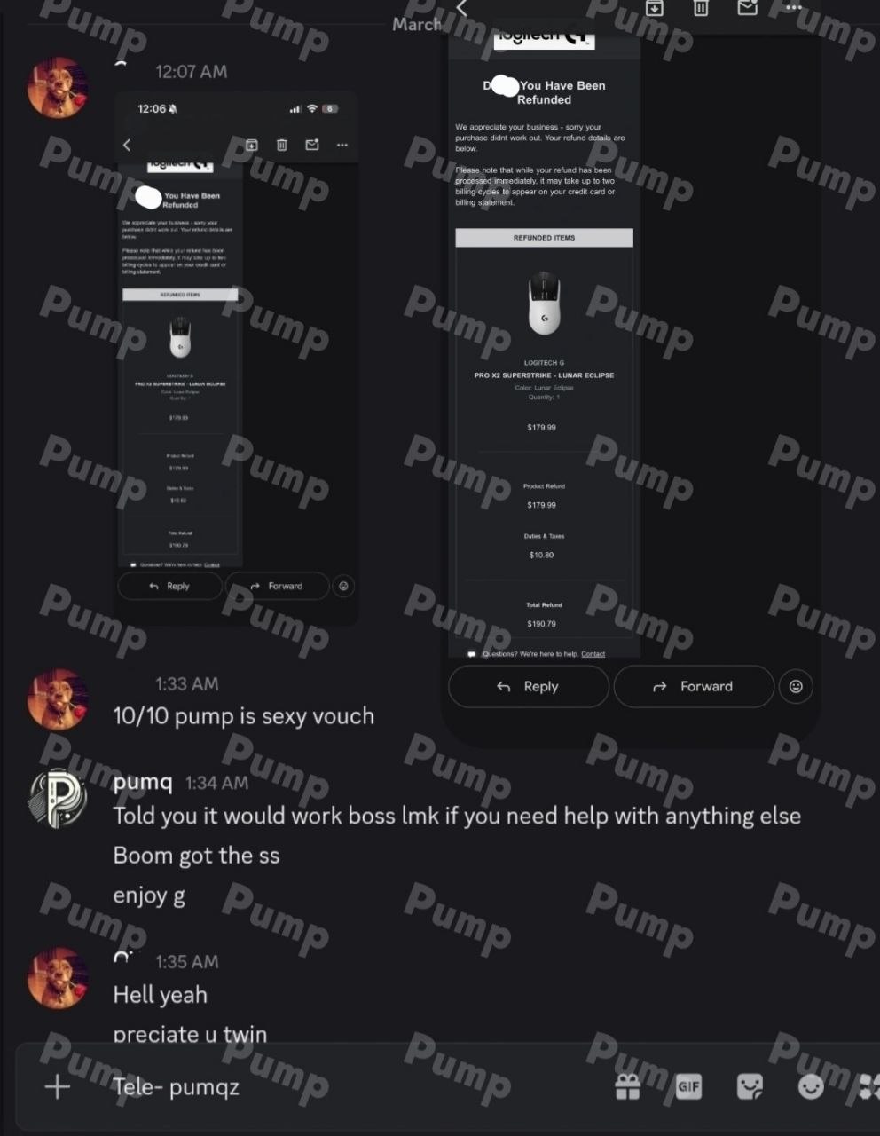 Shared screenshot showing refund details and follow-up conversation