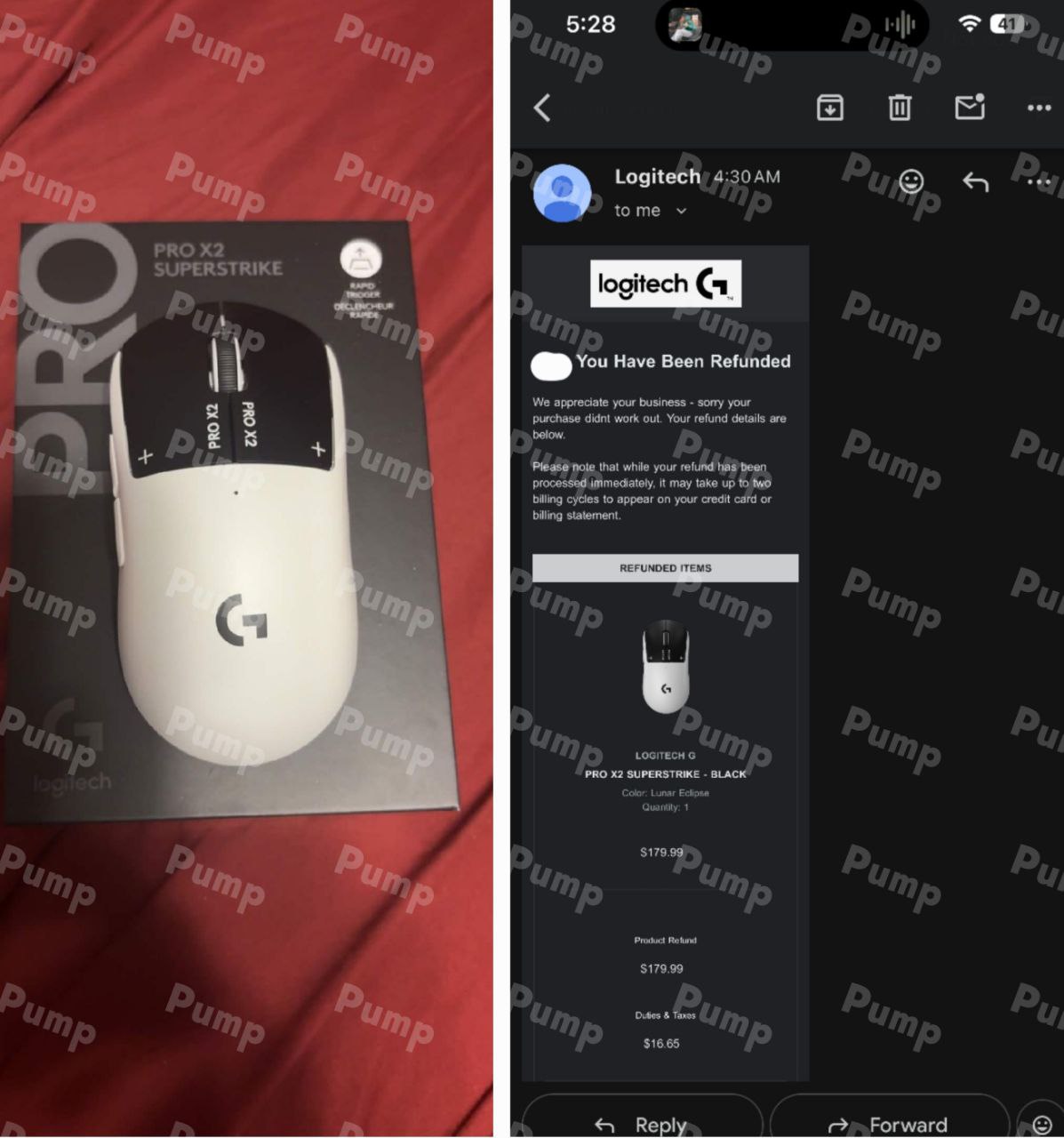 Shared product photo alongside a refund notice